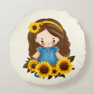 Cojín Redondo Niña pequeña con girasoles