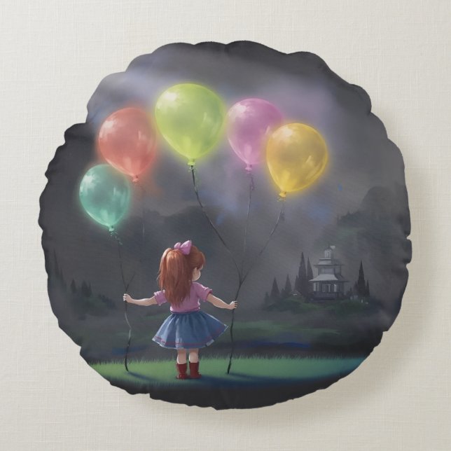 Cojín Redondo Niña pequeña con globos (Anverso)
