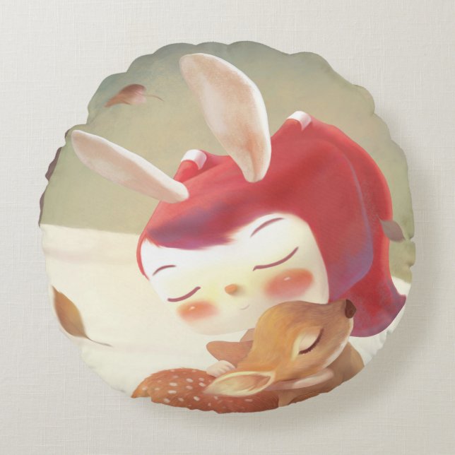 Cojín Redondo Niña que abraza a ciervo (Anverso)