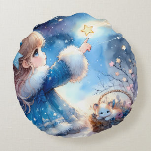 Cojín Redondo Niña Soñadora de Estrellas Acuarela