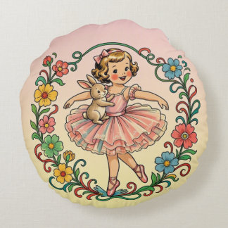 Cojín Redondo ~ Niña vintage con tutú y conejo ~ 