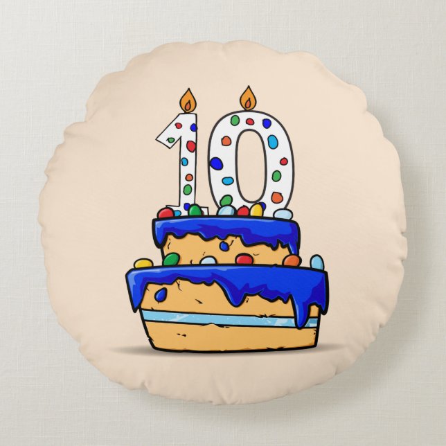 Cojín Redondo Niño 10 cumpleaños, 10 con dulce pastel azul (Anverso)