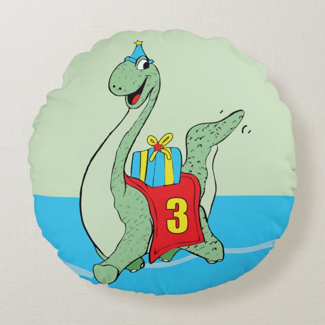 Cojín Redondo Niño, 3 dinosaurio de cumpleaños (Anverso)