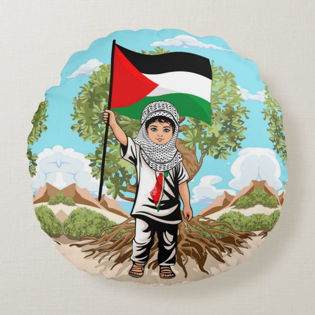 Cojín Redondo Niño con bandera palestina de Keffiyeh y olivo (Anverso)