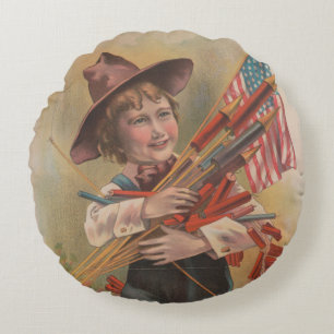 Cojín Redondo Niño con Fuegos Artificiales, Bandera Americana, I