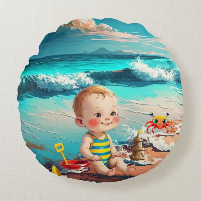 Cojín Redondo Niño en la playa (Anverso)
