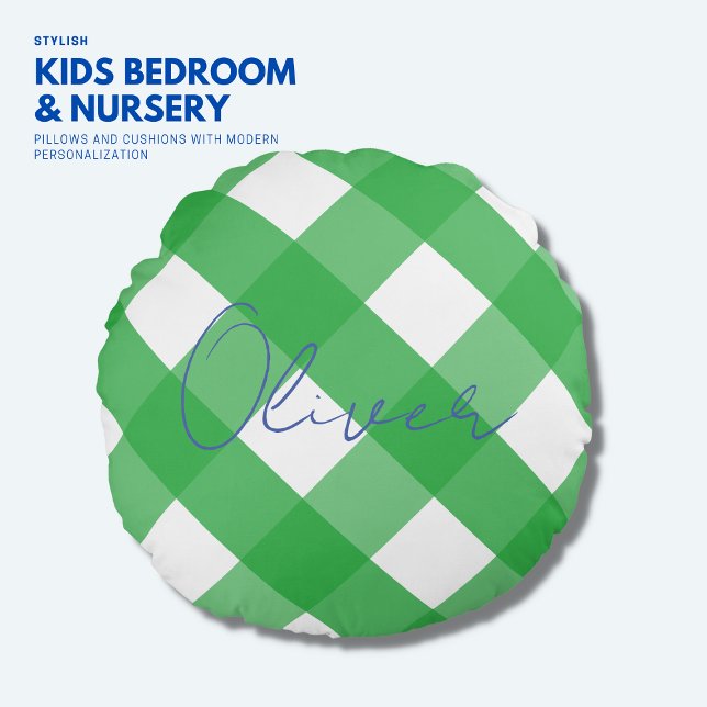 Cojín Redondo Niños de moda Azul y Verde Gingham Monograma Pillo (Subido por el creador)