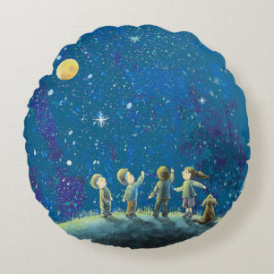 Cojín Redondo Niños Mirando El Cielo Nocturno