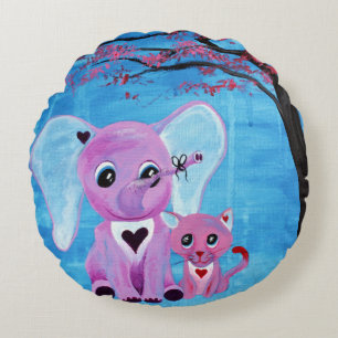 Cojín Redondo No Me Olvides Elefante Gato Flor de Cerezo Arte Ad