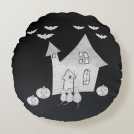 Cojín Redondo Noche de Halloween con casa embrujada, murciélagos