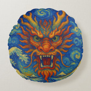 Cojín Redondo Noche estelar de dragón rojo oriental ondas de Kan