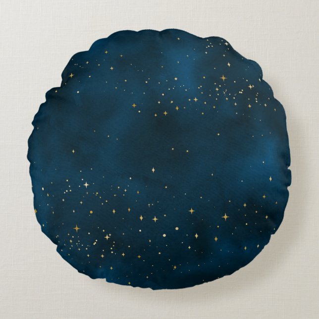 Cojín Redondo Noche estrellada azul y dorada  (Anverso)
