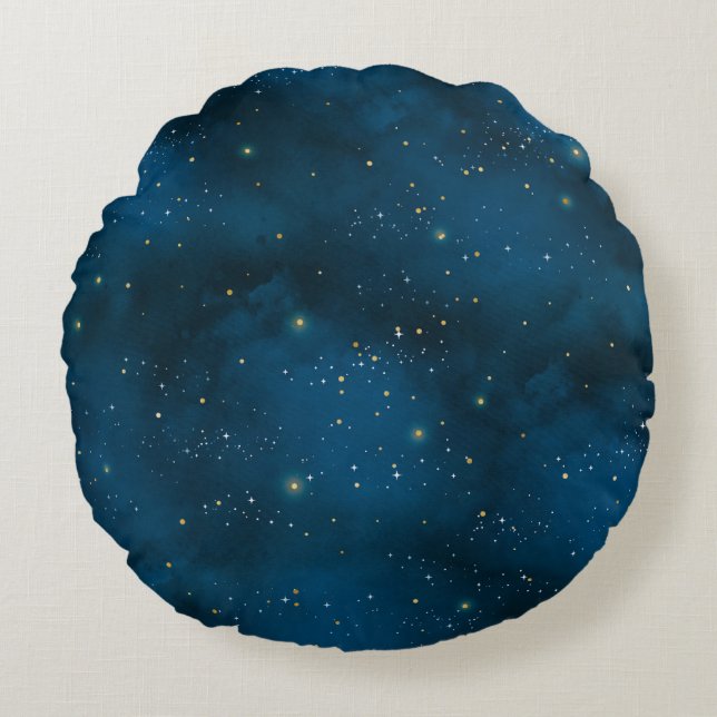 Cojín Redondo Noche estrellada azul y dorada (Anverso)