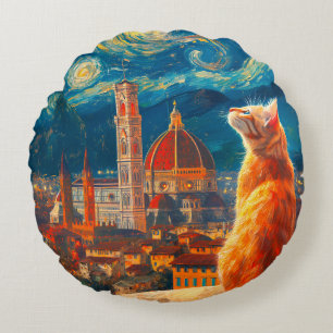 Cojín Redondo Noche estrellada sobre Florencia Arte de gato gi