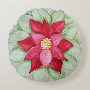 Cojín Redondo Nochebuena Poinsettia Acuarela Pintada a mano