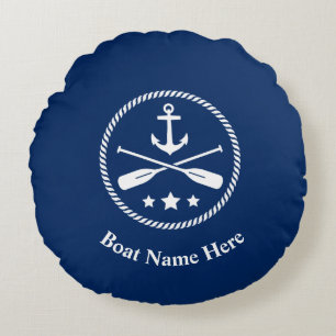 Cojín Redondo Nombrar ancla náutica y azul de la marina de guer