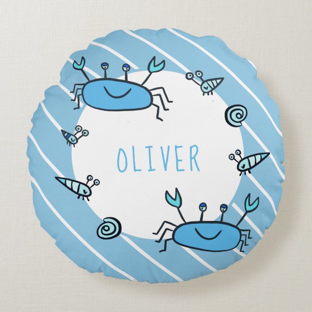 Cojín Redondo Nombre de animal marino de cangrejo azul lindo (Anverso)