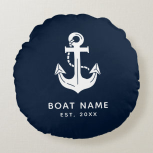 Cojín Redondo Nombre de barco personalizado azul marino náutico