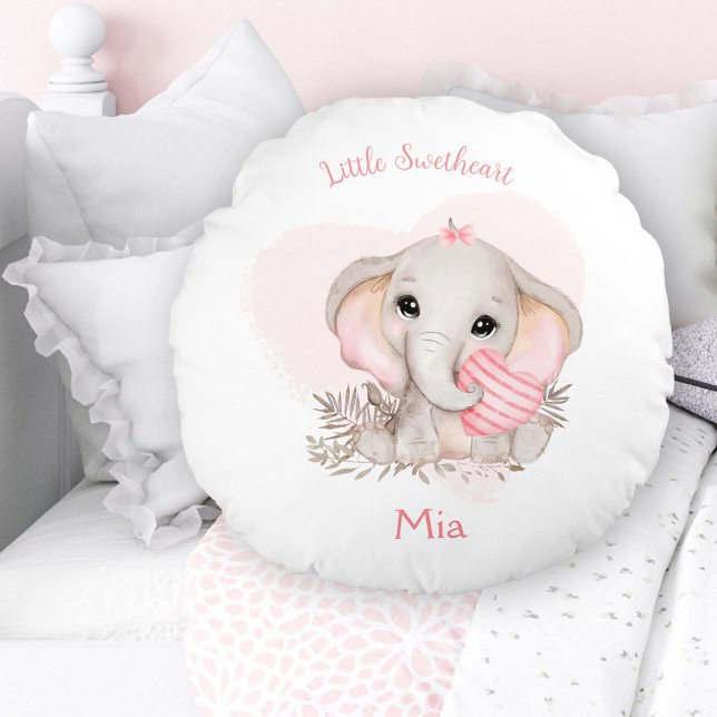 Cojín Redondo Nombre de enfermera Chica de Elefante Rosa Cute (Cute Elephant Pink Heart Girl Nursery Name Round Pillow)