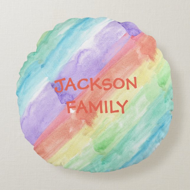 Cojín Redondo Nombre de familia con patrón de acuarela (Anverso)