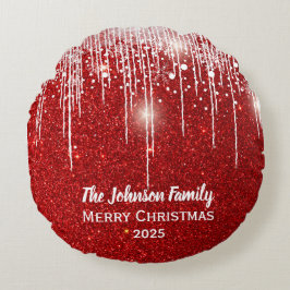 Cojín Redondo Nombre de familia personalizado Feliz Navidad Rojo