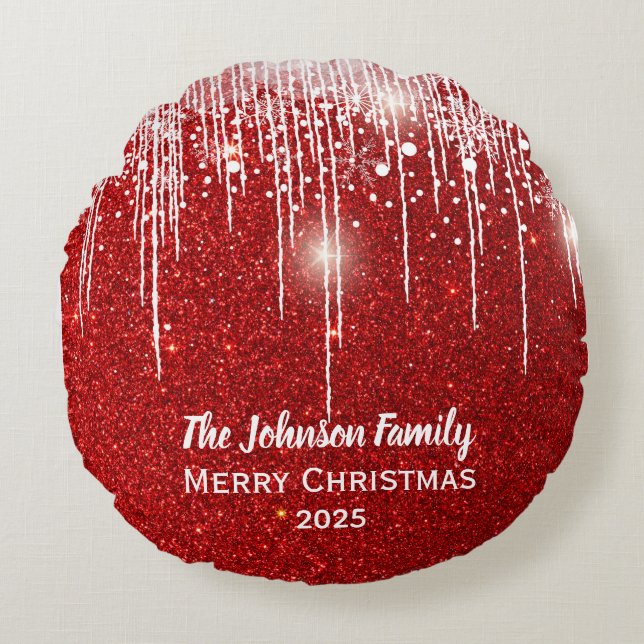 Cojín Redondo Nombre de familia personalizado Feliz Navidad Rojo (Anverso)