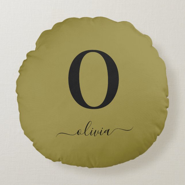 Cojín Redondo Nombre De Guión Monograma Oro Personalizado Y Negr (Anverso)