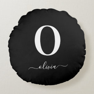 Cojín Redondo Nombre De Guión Monograma Personalizado Blanco Y N