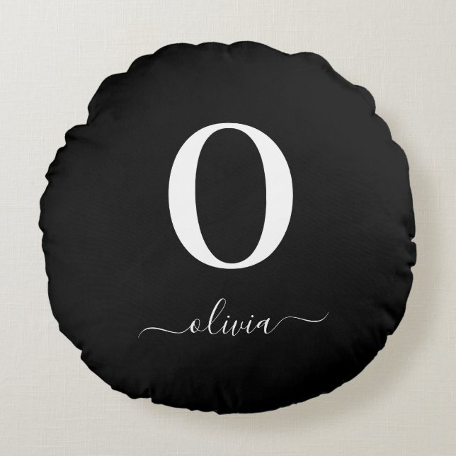 Cojín Redondo Nombre De Guión Monograma Personalizado Blanco Y N (Anverso)