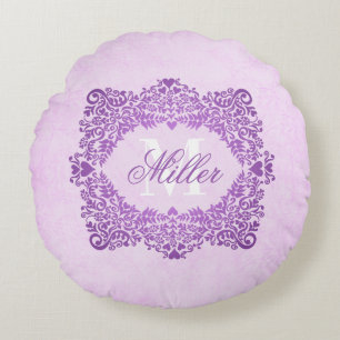 Cojín Redondo Nombre de monograma de damasco rosa