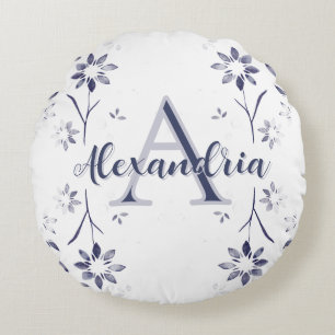 Cojín Redondo Nombre de monograma personalizado floral azul