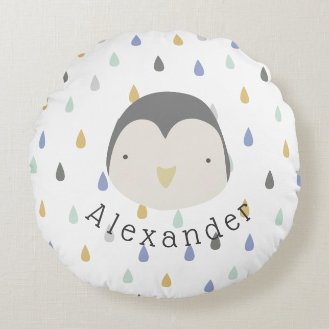 Cojín Redondo Nombre de personalizable Pingüino Cute (Anverso)