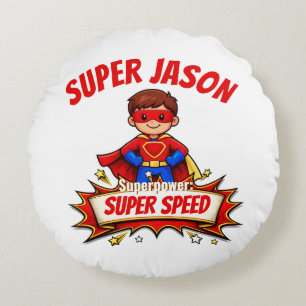 Cojín Redondo Nombre de superhéroe personalizado para niños y su