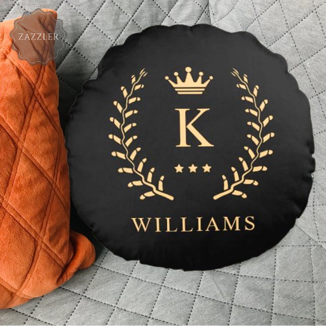 Cojín Redondo Nombre del personalizar y Monograma inicial de oro (Customize Name & Initial Black White Gold Monogram Round Pillow)