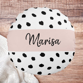 Cojín Redondo Nombre moderno del monograma | Puntos rosados y ne