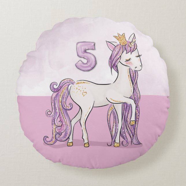 Cojín Redondo Nombre personalizado 5º cumpleaños Caballo rosa co (Anverso)