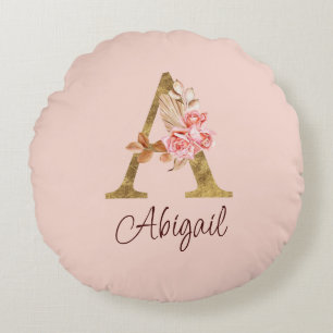 Cojín Redondo Nombre personalizado Blush rosa rosas letra A con 