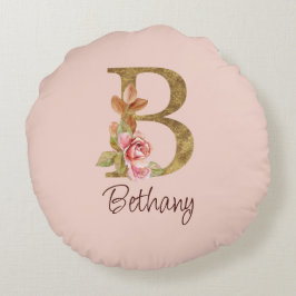 Cojín Redondo Nombre personalizado Blush rosas rosadas hoja dora