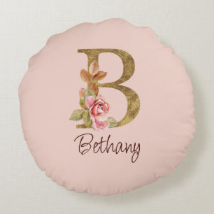 Cojín Redondo Nombre personalizado Blush rosas rosadas hoja dora