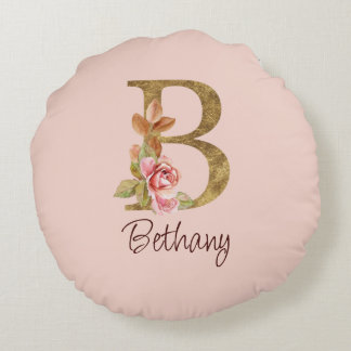 Cojín Redondo Nombre personalizado Blush rosas rosadas hoja dora