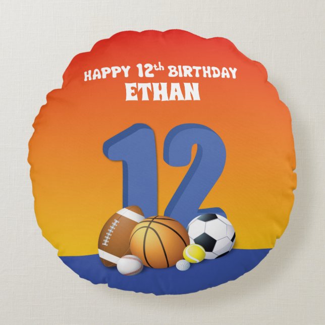 Cojín Redondo Nombre personalizado Boy 12.ª Bolas Deportivas de  (Anverso)