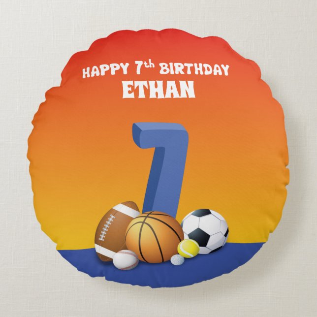 Cojín Redondo Nombre personalizado Boy 7º Balls Deportivas de Cu (Anverso)
