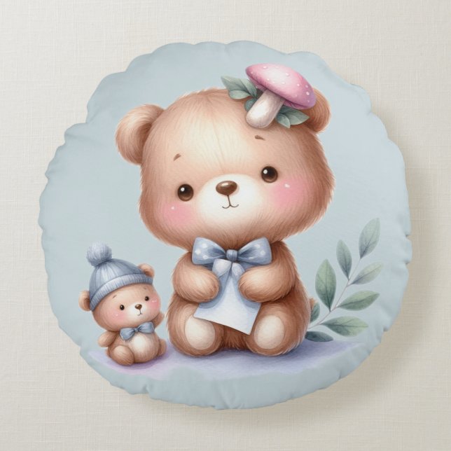 Cojín Redondo Nombre personalizado Cute Teddy Bear Animal Art (Anverso)
