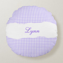 Cojín Redondo Nombre Personalizado de Gingham Púrpura Rústico