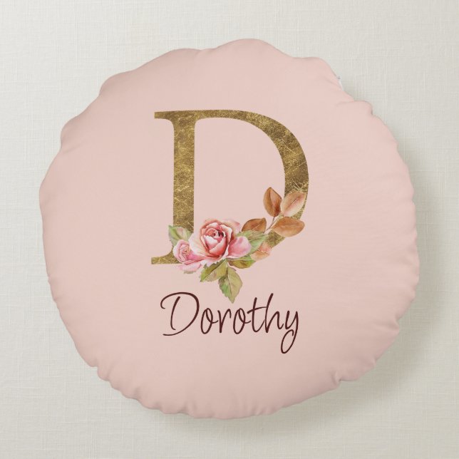 Cojín Redondo Nombre personalizado de lámina de oro Rosas rosada (Reverso)