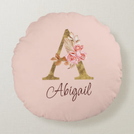 Cojín Redondo Nombre personalizado de lámina de oro Rosas rosada