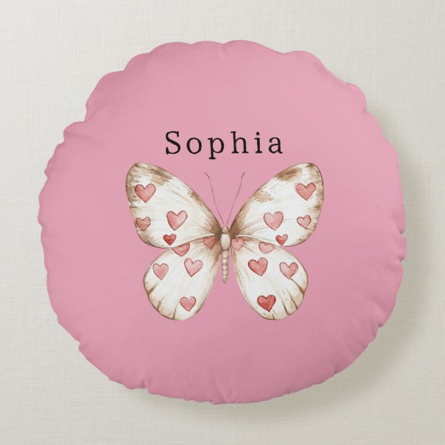 Cojín Redondo Nombre personalizado de los corazones de mariposa (Anverso)