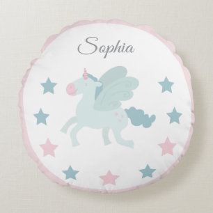 Cojín Redondo Nombre personalizado de unicornio rosa azul adorab