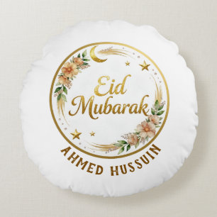 Cojín Redondo Nombre Personalizado Eid Mubarak Floral Luna Dorad