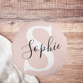 Cojín Redondo Nombre personalizado moderno Monograma Pastel rosa